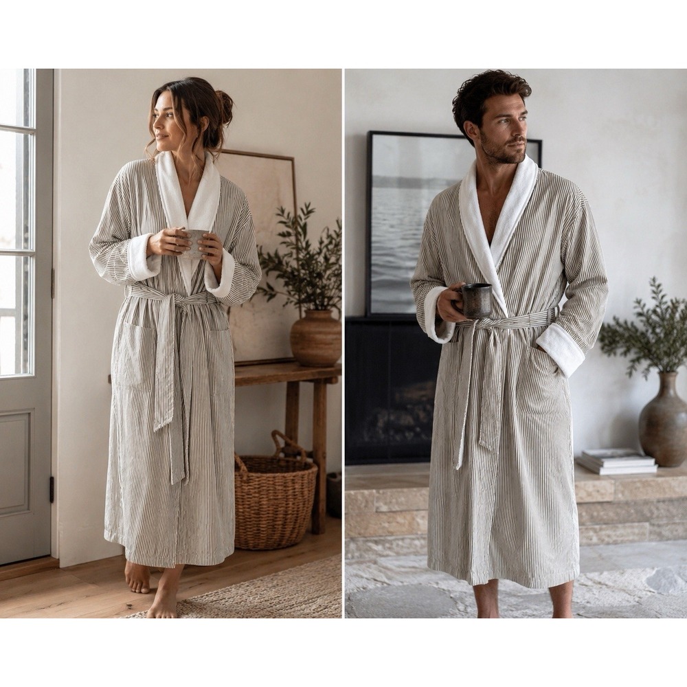 Telegraph Hill Unisex Robe L Seersucker Fleece Lined Tan Beige Pockets Belted